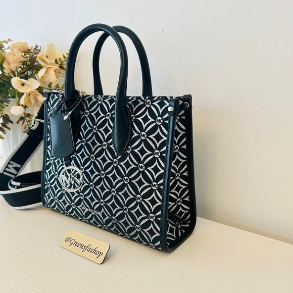 Michael Kors Purse Mirella Small Metallic Logo Jacquard Crossbody Bag Black - Picture 2 of 10